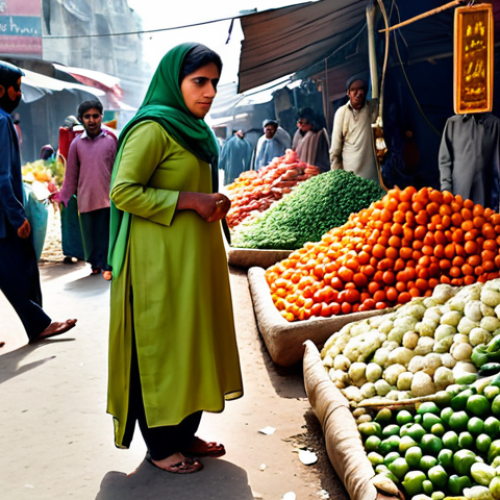 Home 8 A humble, middle-aged Pakistani woman, dressed in a modest, traditional shalwar kameez and dupatta, standing in a local bustling bazaar. She is looking at a pile of vegetables with a deep expression of worry and financial concern. The market stalls in the background show visible price tags indicating high costs. Emphasize natural light, realistic textures, and a sense of daily life. fully clothed, modest clothing, appropriate attire, professional dress, perfect anatomy, correct proportions, natural pose, well-formed hands, proper finger count, natural body proportions, safe for work, appropriate content, family-friendly.