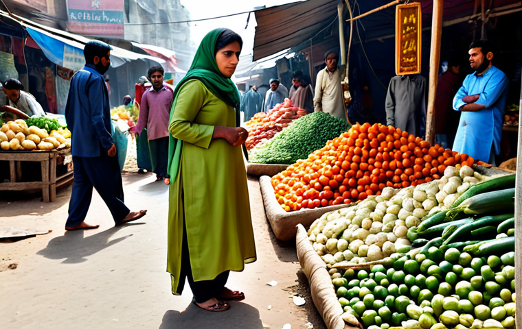 A humble, middle-aged Pakistani woman, dressed in a modest, traditional shalwar kameez and dupatta, standing in a local bustling bazaar. She is looking at a pile of vegetables with a deep expression of worry and financial concern. The market stalls in the background show visible price tags indicating high costs. Emphasize natural light, realistic textures, and a sense of daily life. fully clothed, modest clothing, appropriate attire, professional dress, perfect anatomy, correct proportions, natural pose, well-formed hands, proper finger count, natural body proportions, safe for work, appropriate content, family-friendly.